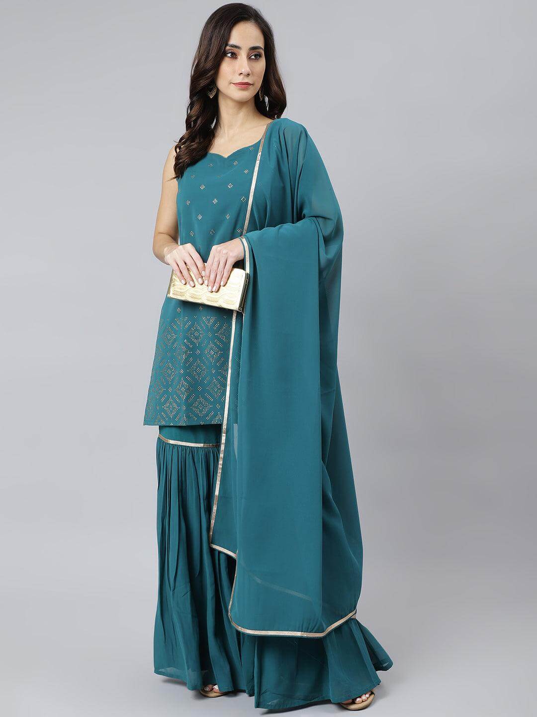 Teal Georgette Embossed Gold Print Top with Gharara and Dupatta