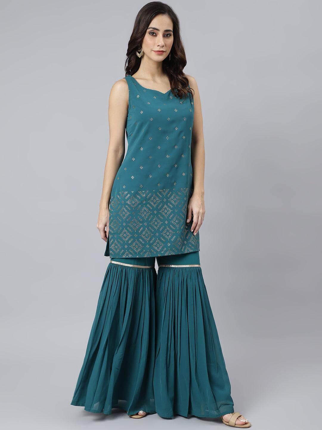 Teal Georgette Embossed Gold Print Top with Gharara and Dupatta