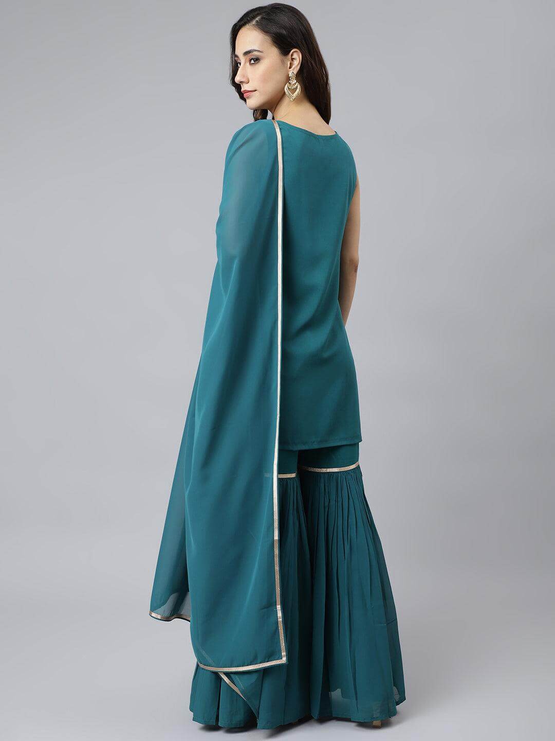 Teal Georgette Embossed Gold Print Top with Gharara and Dupatta