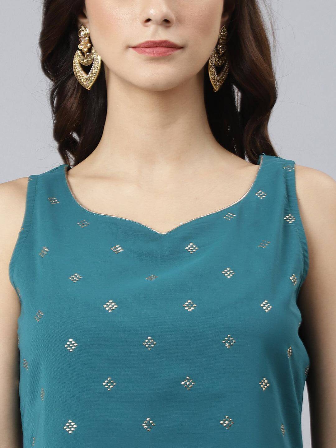 Teal Georgette Embossed Gold Print Top with Gharara and Dupatta