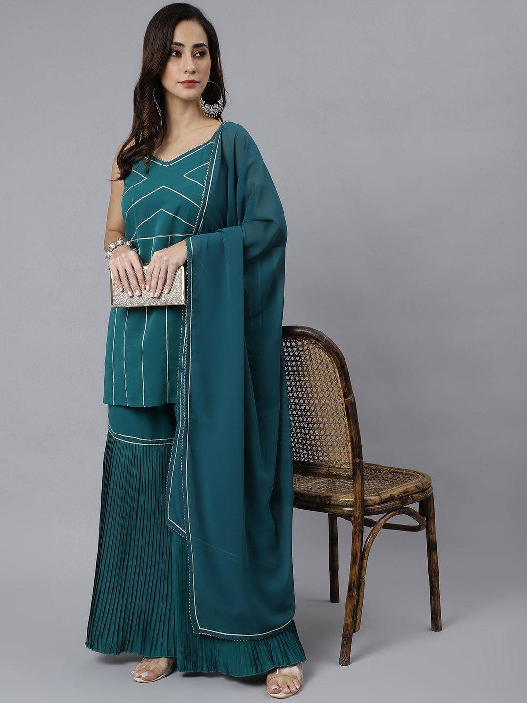 Teal Green Crepe Gotta Lace Kurta with Sharara and Dupatta