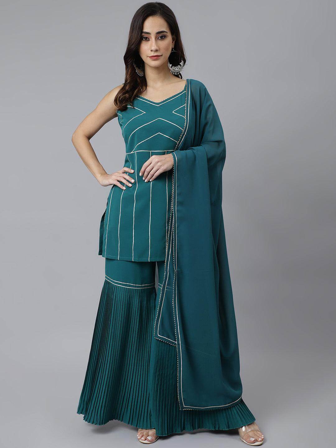 Teal Green Crepe Gotta Lace Kurta with Sharara and Dupatta