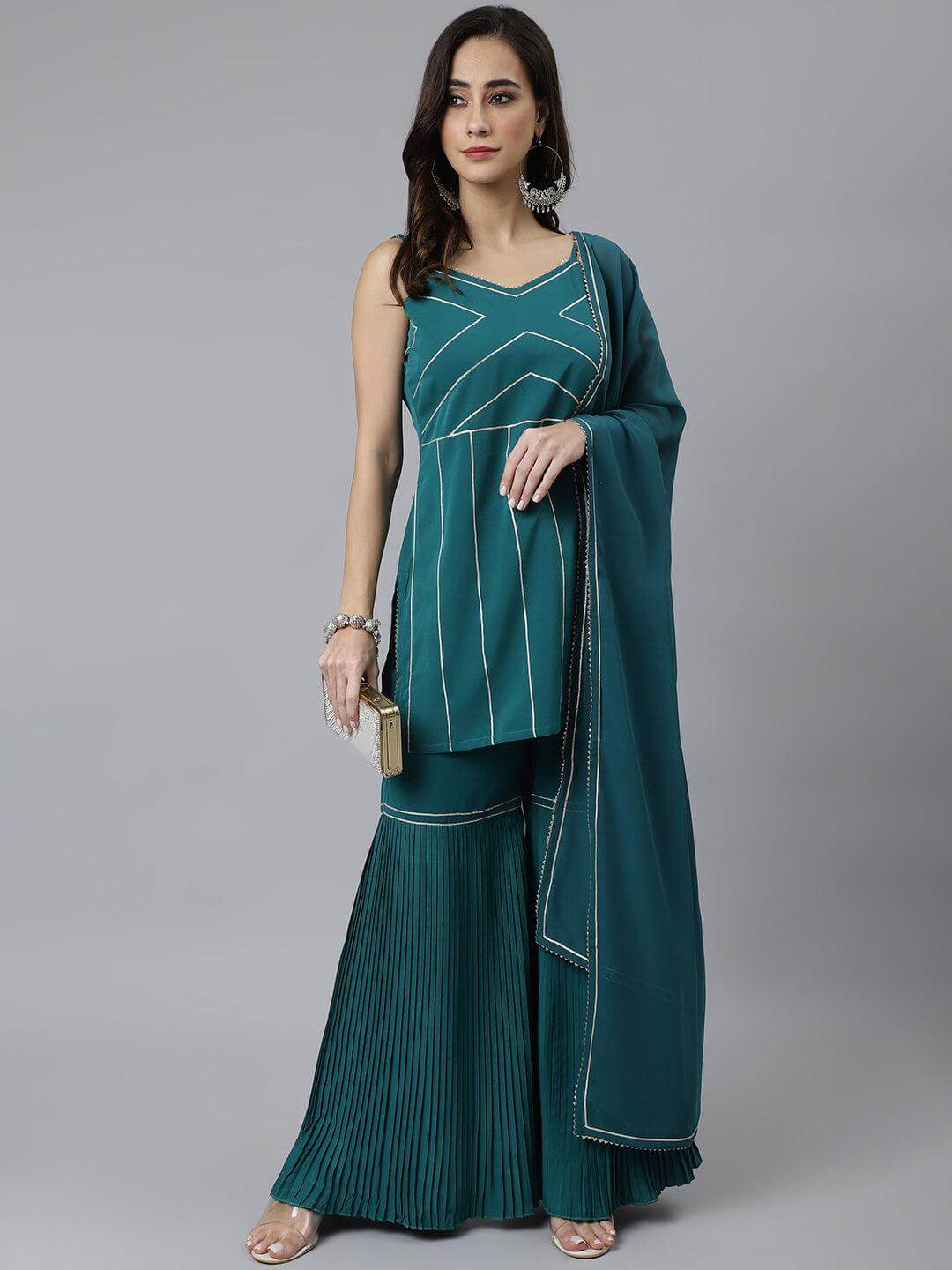 Teal Green Crepe Gotta Lace Kurta with Sharara and Dupatta