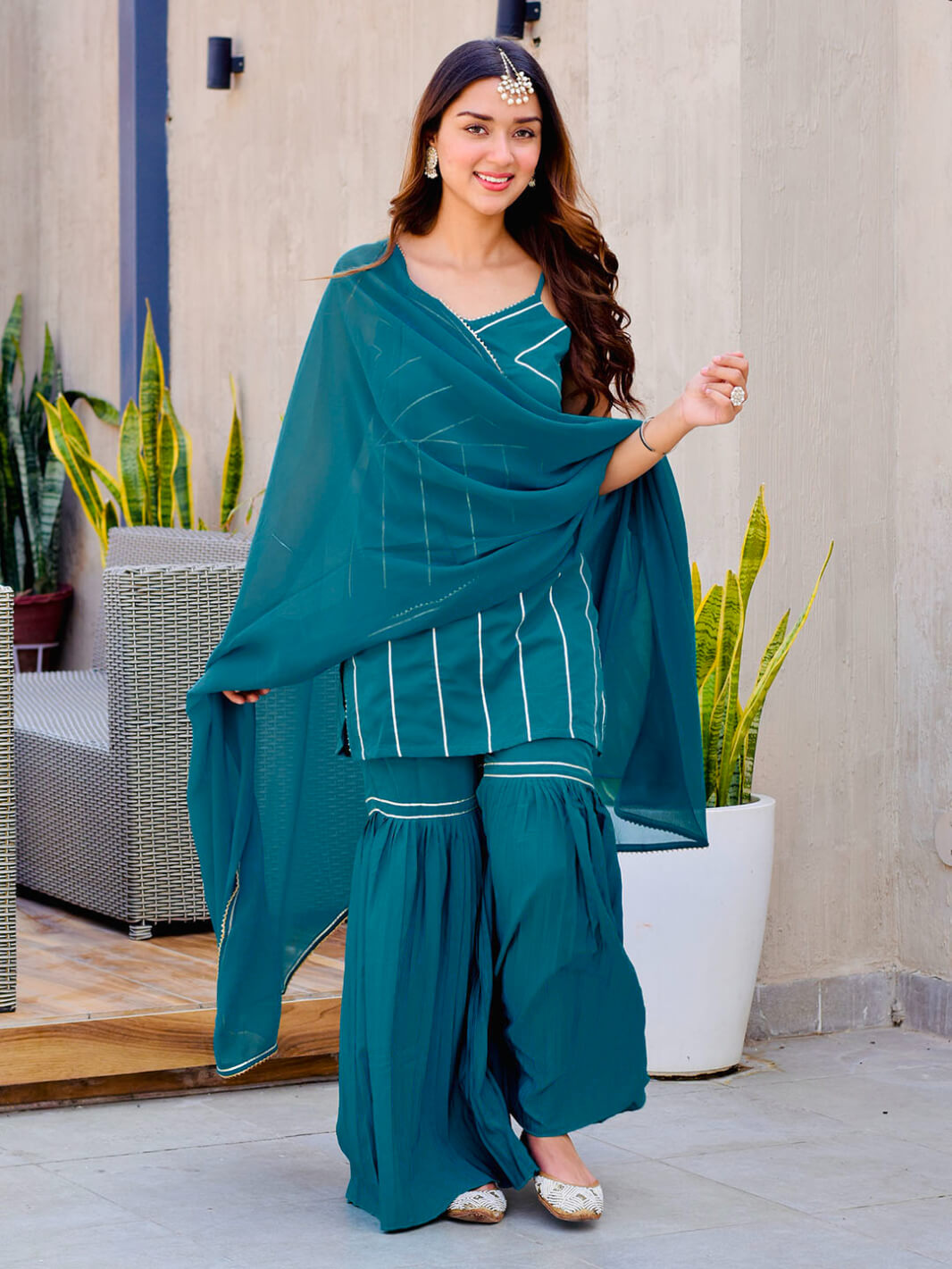 Teal Green Crepe Gotta Lace Kurta with Sharara and Dupatta