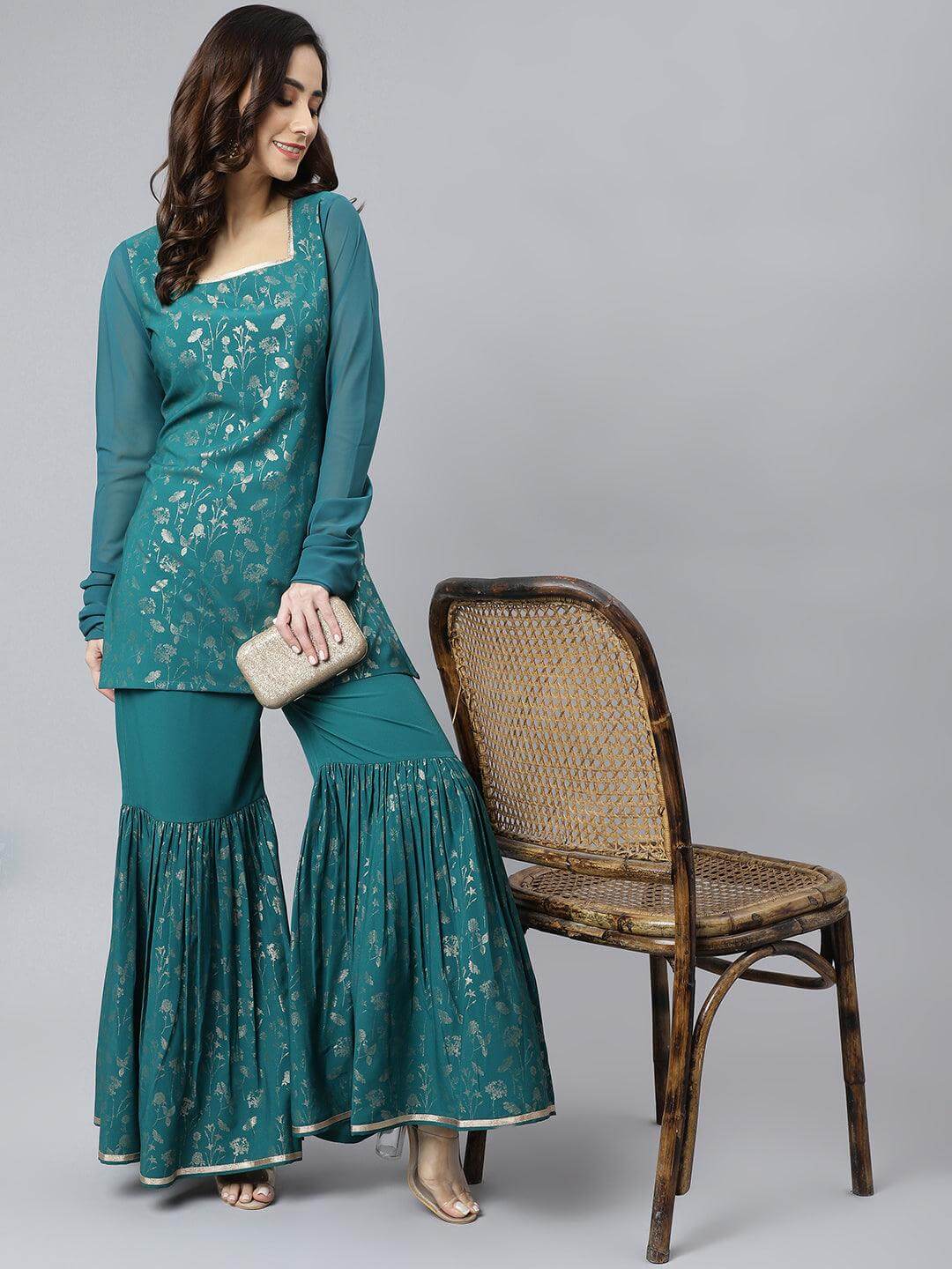 Teal Crepe Gold Print Kurta with Gharara
