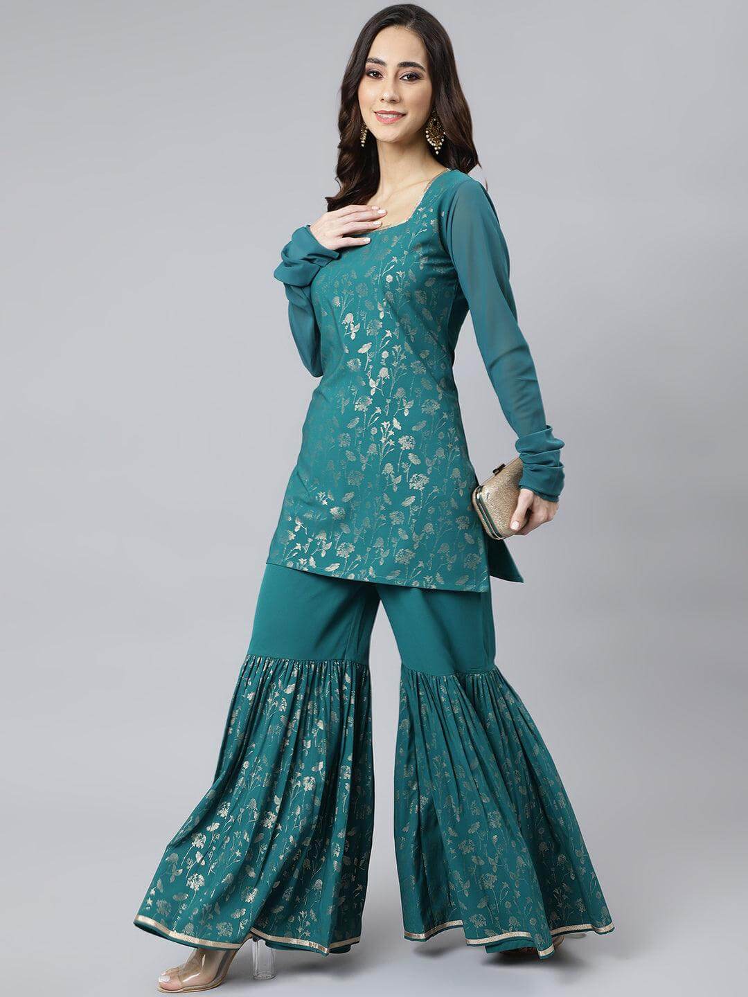 Teal Crepe Gold Print Kurta with Gharara