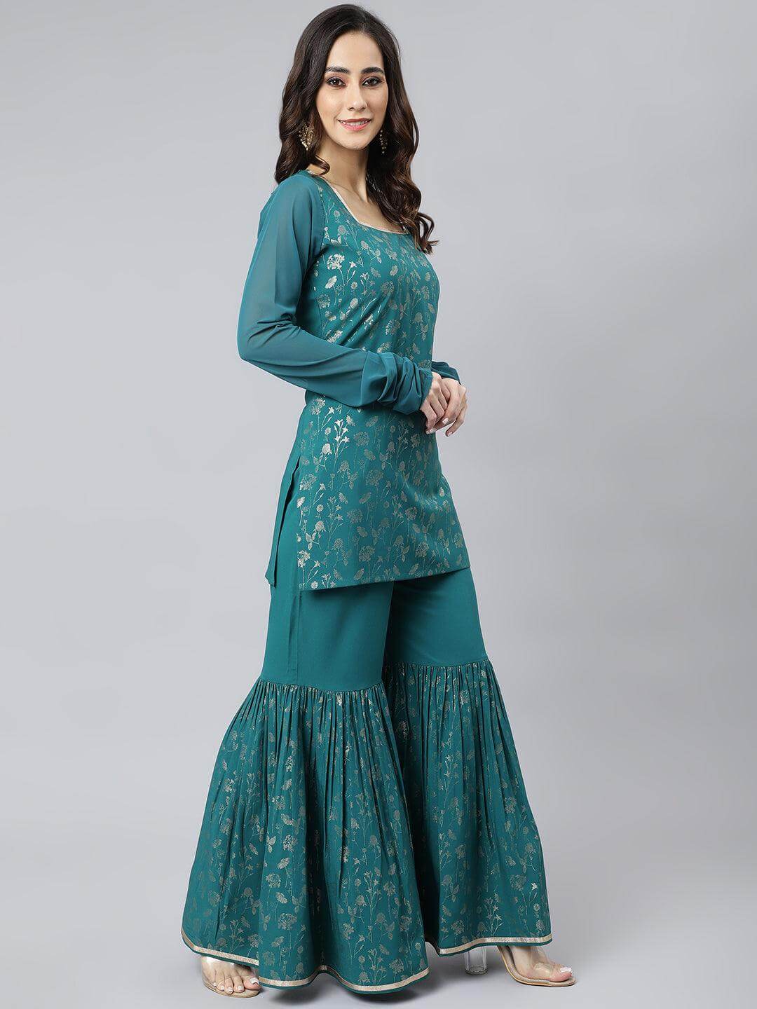 Teal Crepe Gold Print Kurta with Gharara