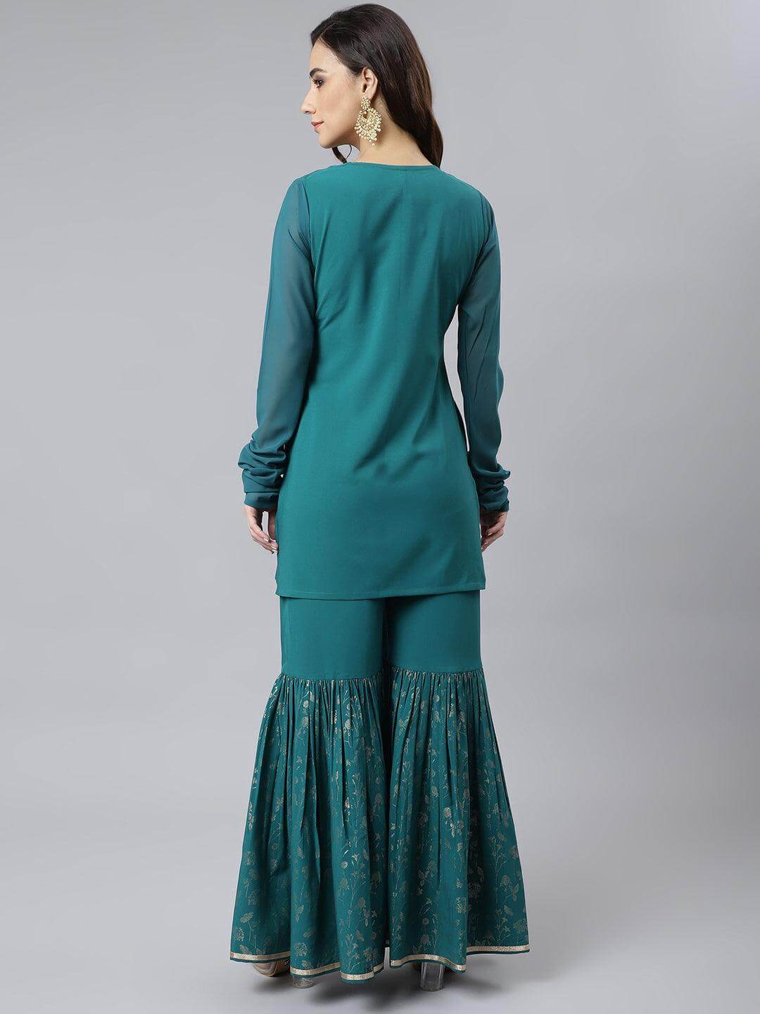 Teal Crepe Gold Print Kurta with Gharara