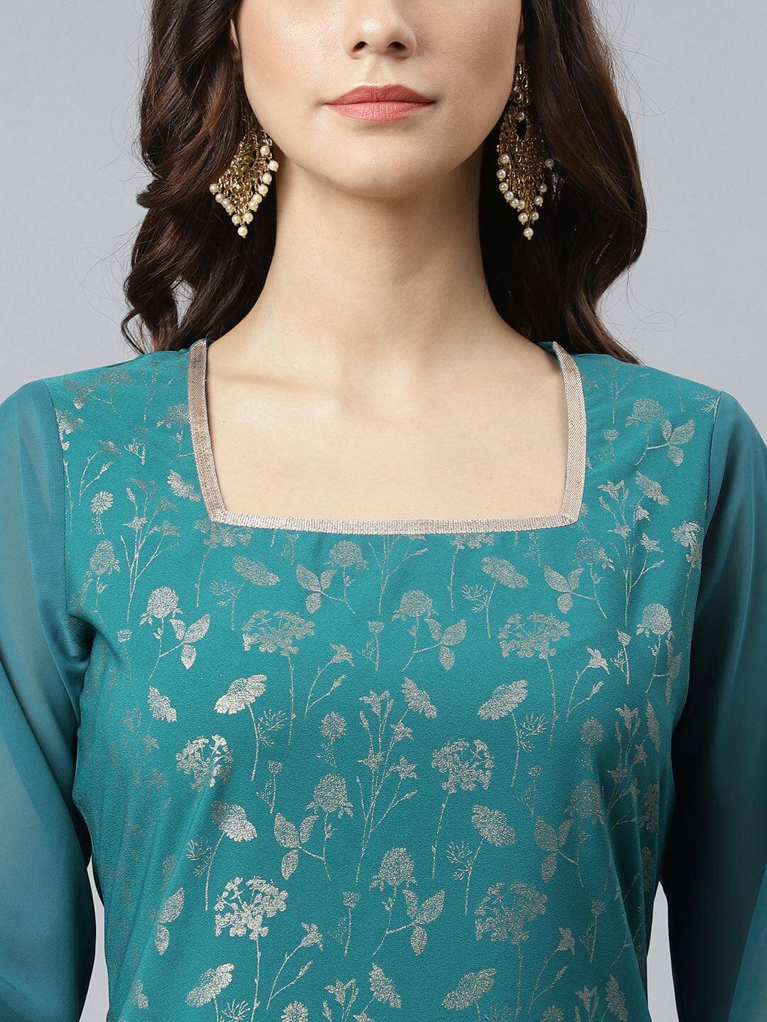 Teal Crepe Gold Print Kurta with Gharara