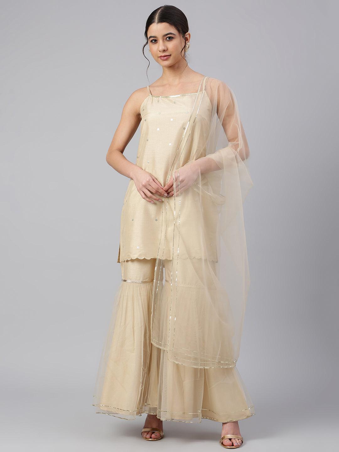 Beige Poly Silk Embellished Kurta with Gharara and Dupatta