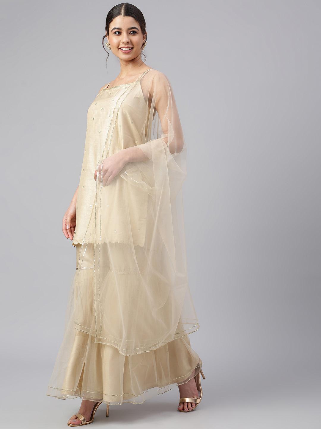 Beige Poly Silk Embellished Kurta with Gharara and Dupatta