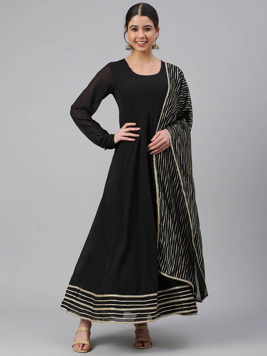 Black Georgette Solid Kurta with Dupatta