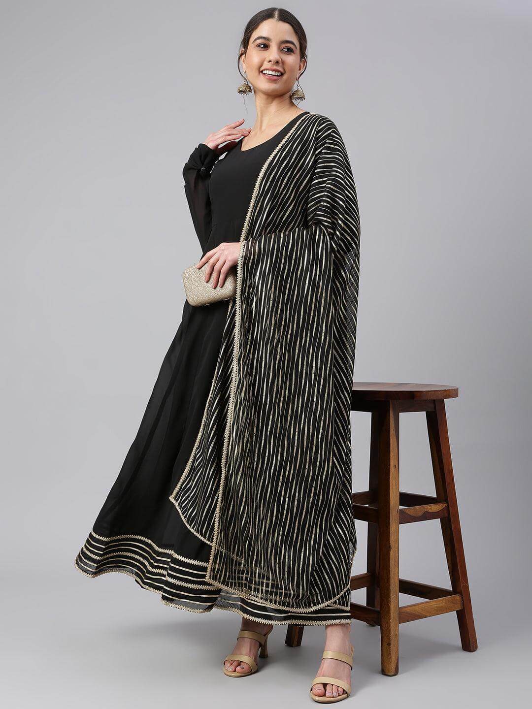 Black Georgette Solid Kurta with Dupatta