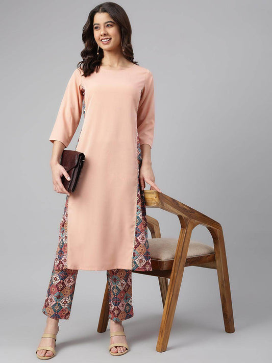 Peach Crepe Solid Kurta with Pant