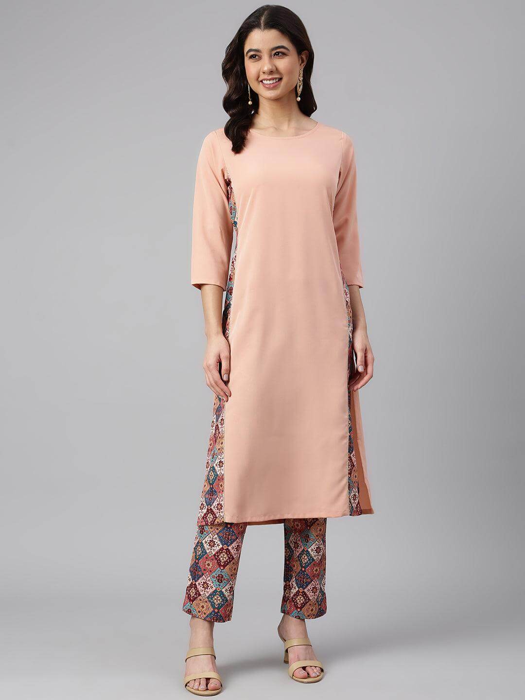 Peach Crepe Solid Kurta with Pant