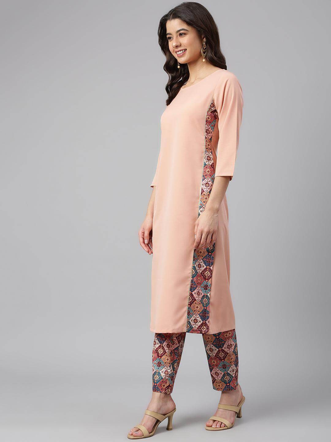 Peach Crepe Solid Kurta with Pant
