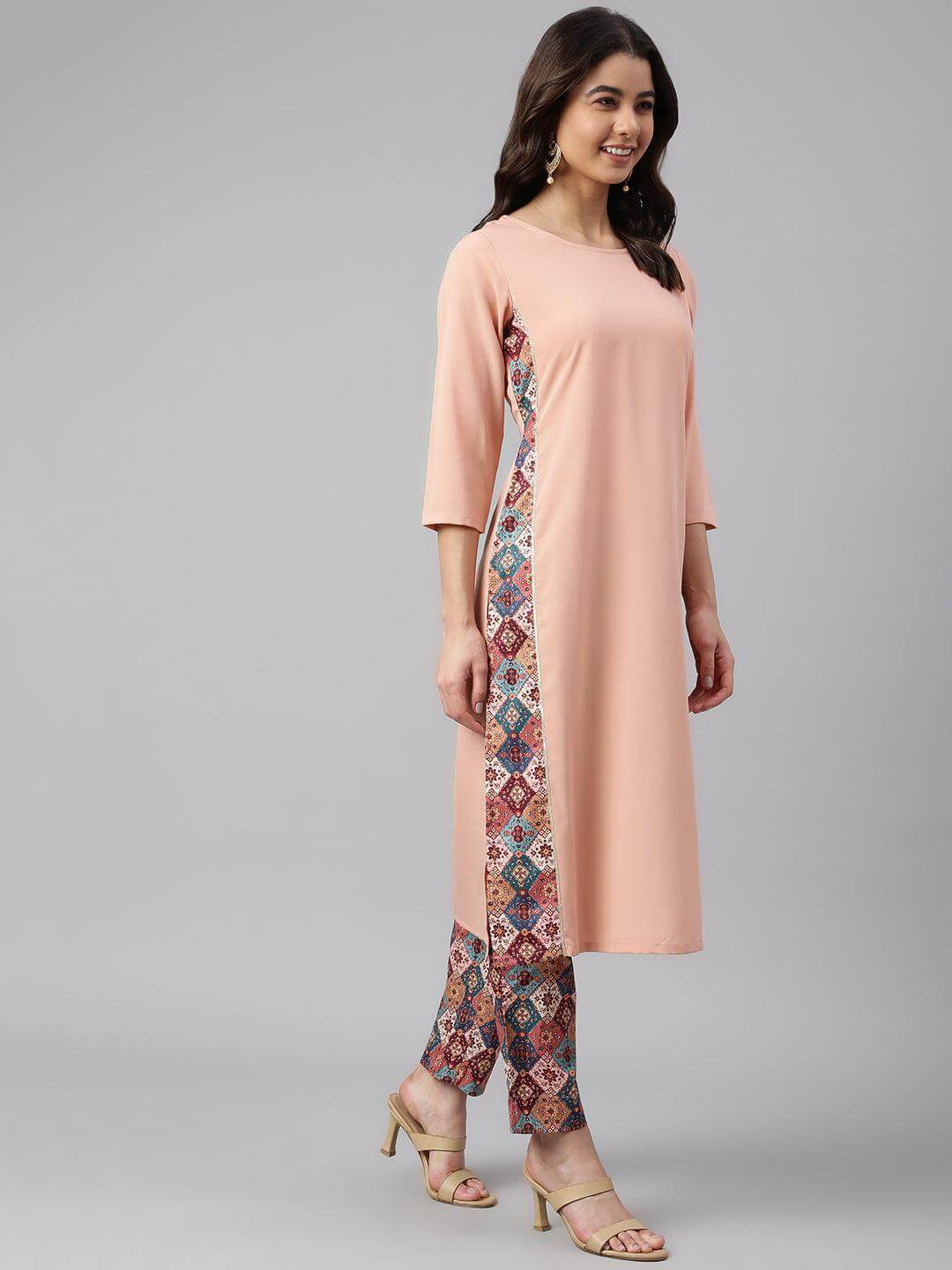 Peach Crepe Solid Kurta with Pant
