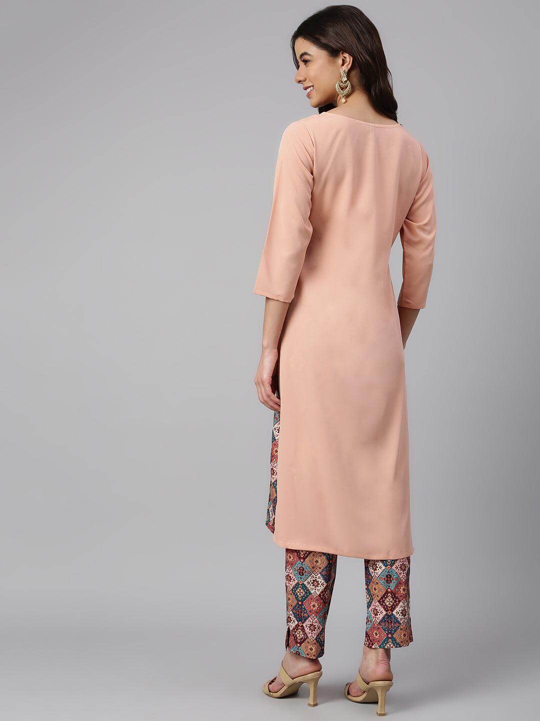 Peach Crepe Solid Kurta with Pant