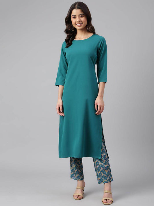 Teal Green Crepe Solid Kurta with Pant