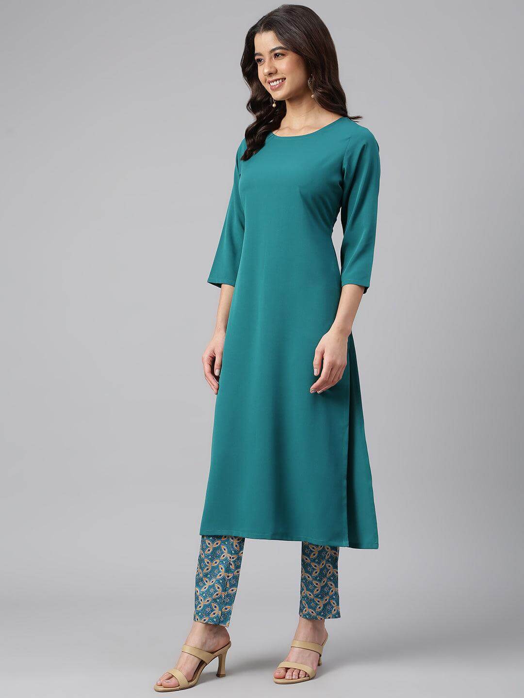 Teal Green Crepe Solid Kurta with Pant