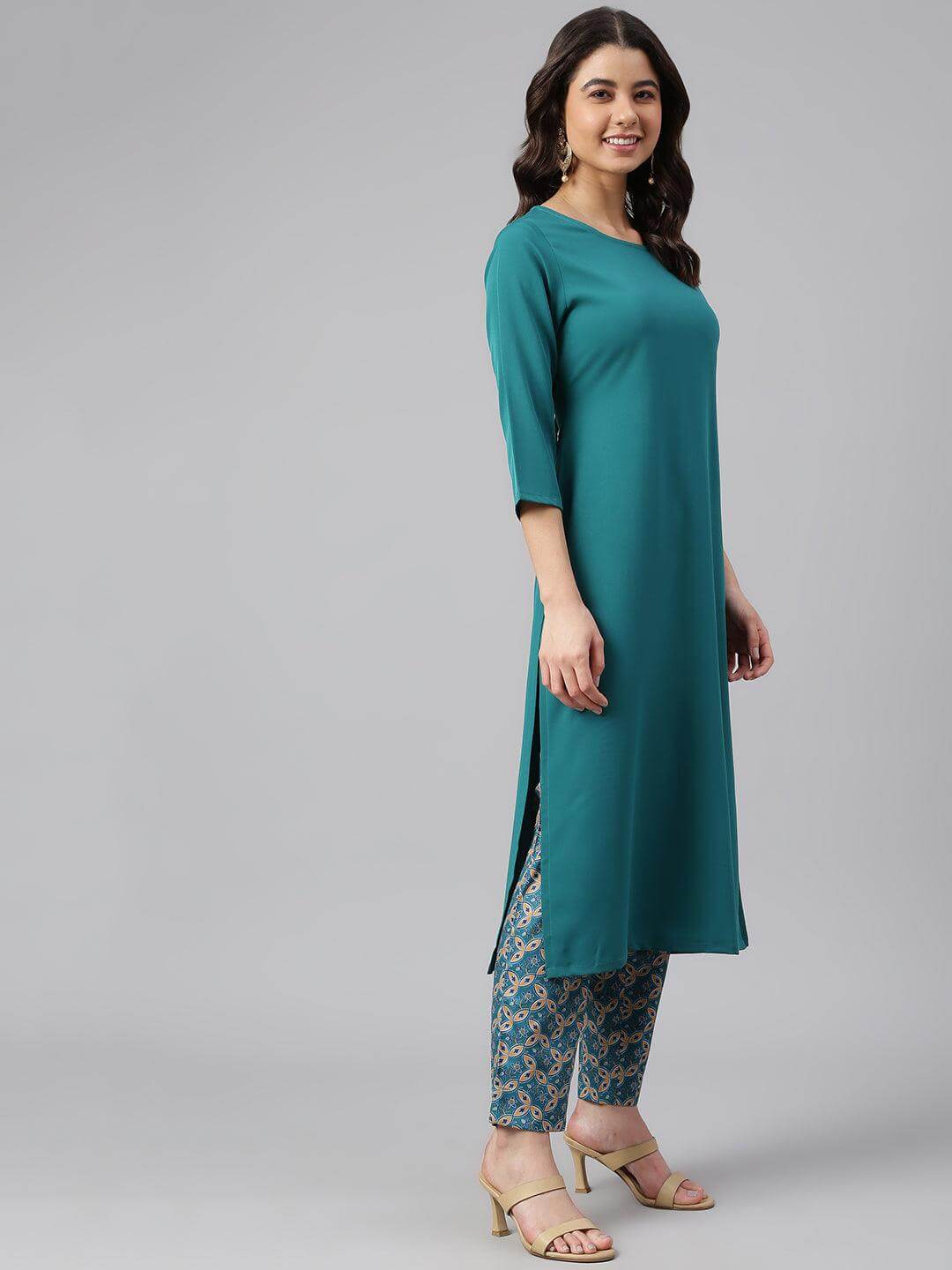 Teal Green Crepe Solid Kurta with Pant