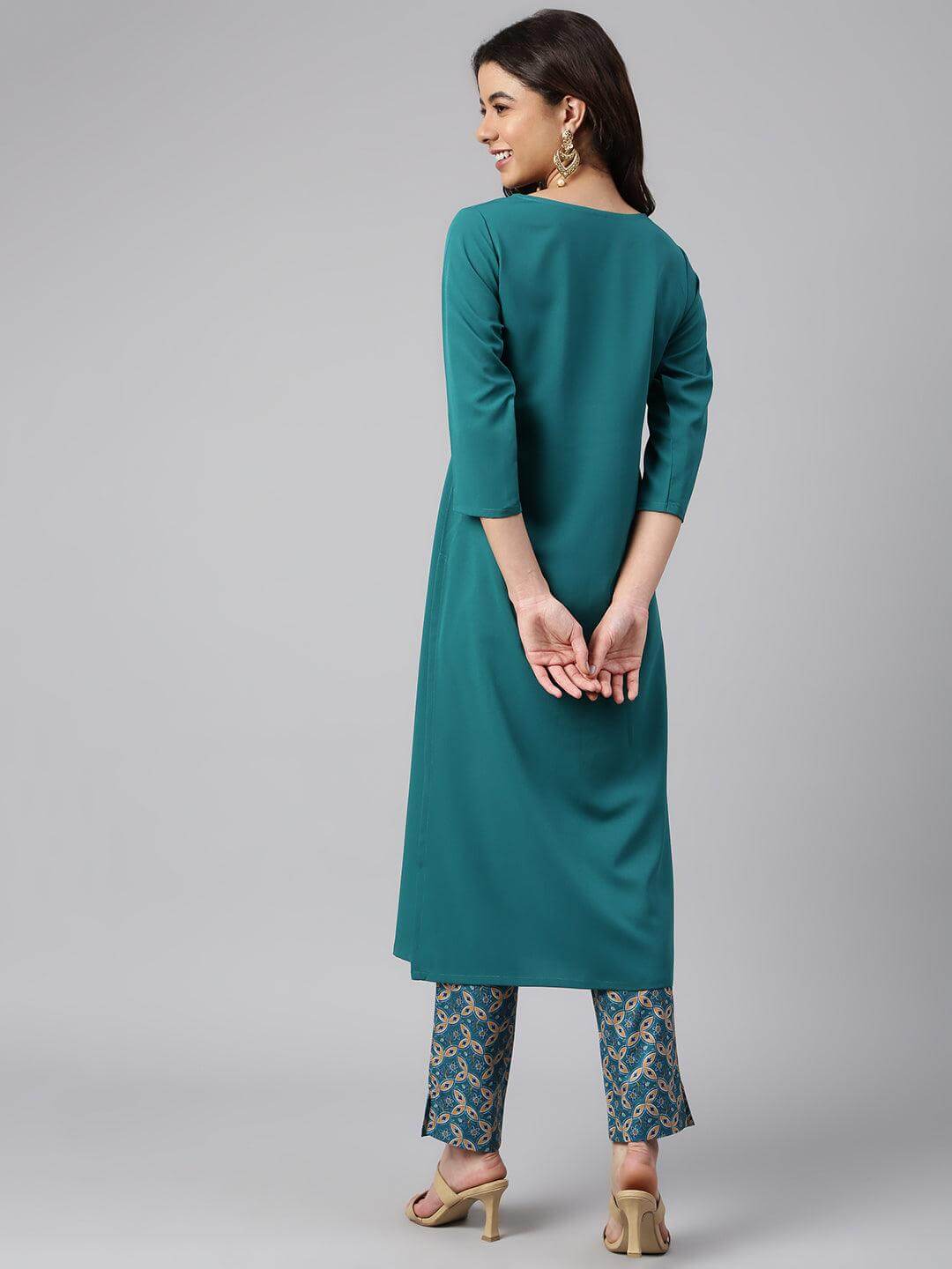 Teal Green Crepe Solid Kurta with Pant