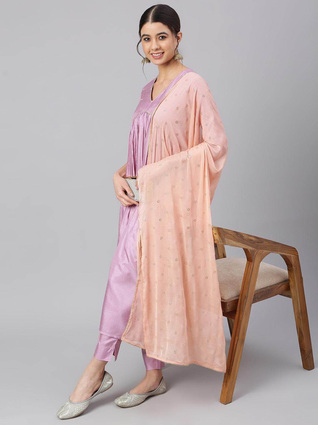 Mauve Poly Silk Solid Kurta with Pant and Dupatta