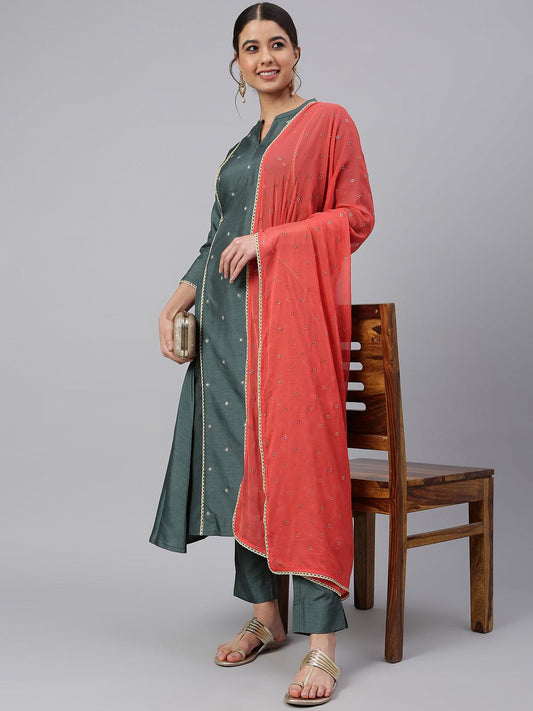 Dark Green Poly Silk Embellished Kurta with Pant and Dupatta