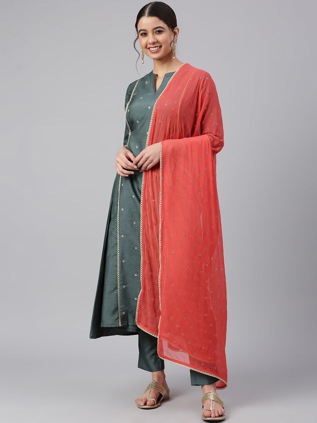 Dark Green Poly Silk Embellished Kurta with Pant and Dupatta
