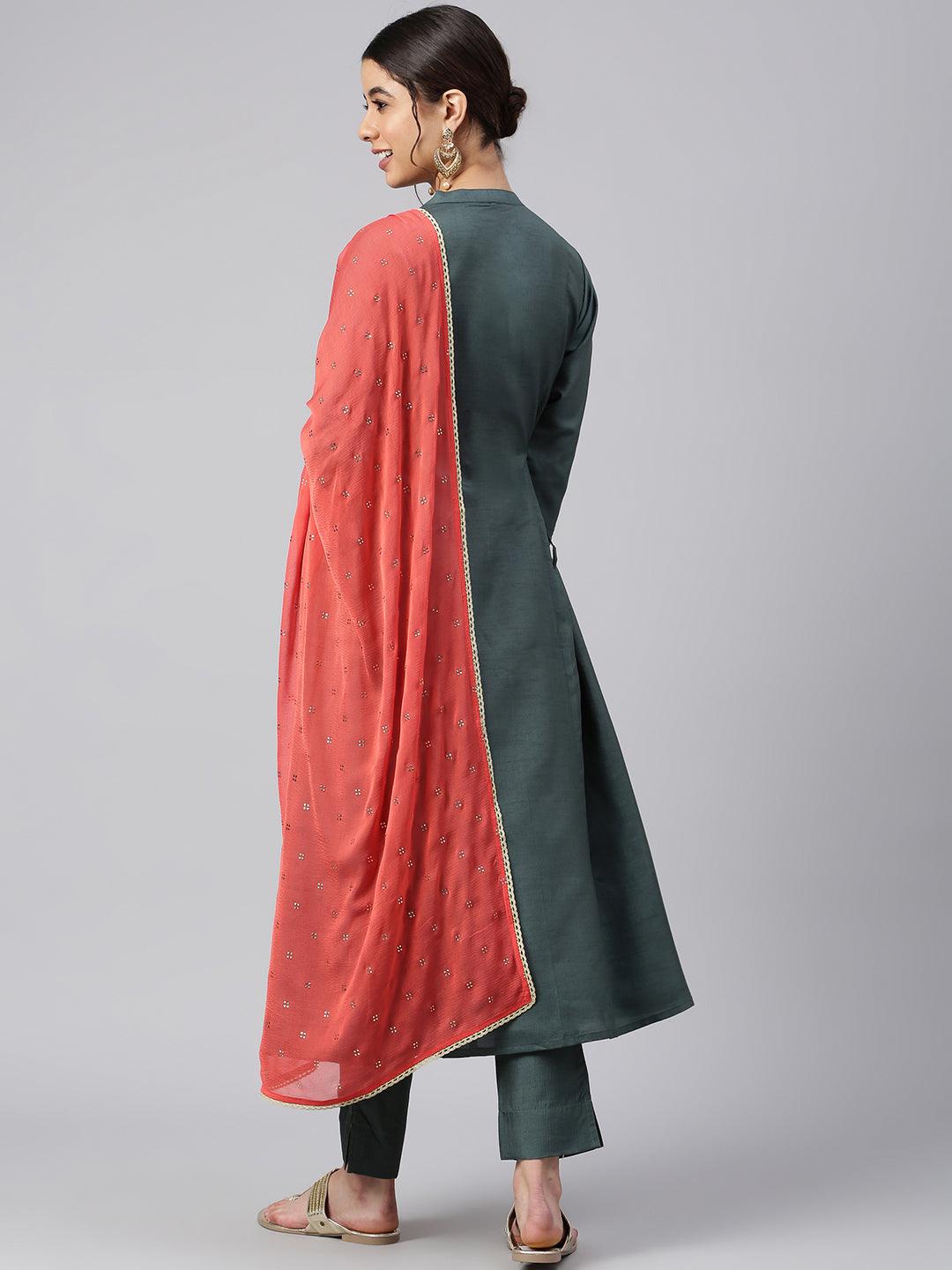 Dark Green Poly Silk Embellished Kurta with Pant and Dupatta