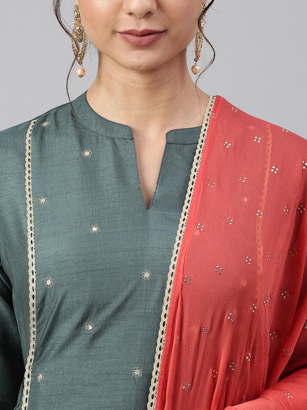 Dark Green Poly Silk Embellished Kurta with Pant and Dupatta