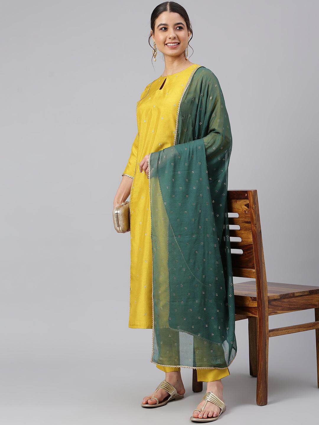 Mustard Poly Silk Embellished Kurta with Pant and Dupatta