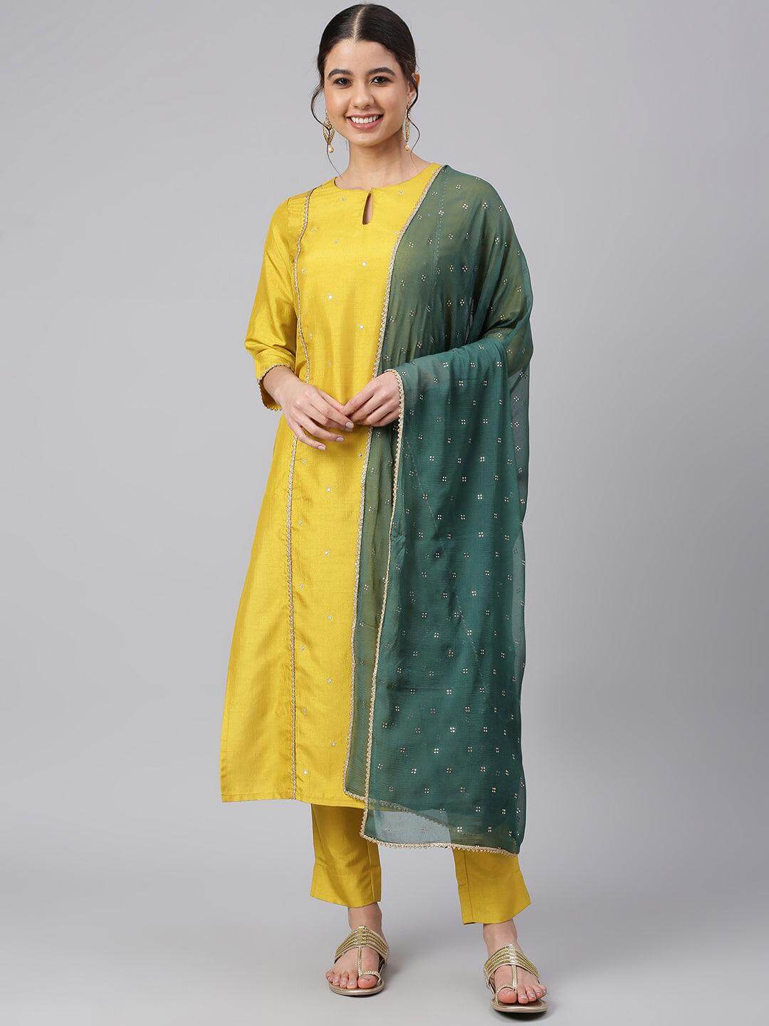 Mustard Poly Silk Embellished Kurta with Pant and Dupatta