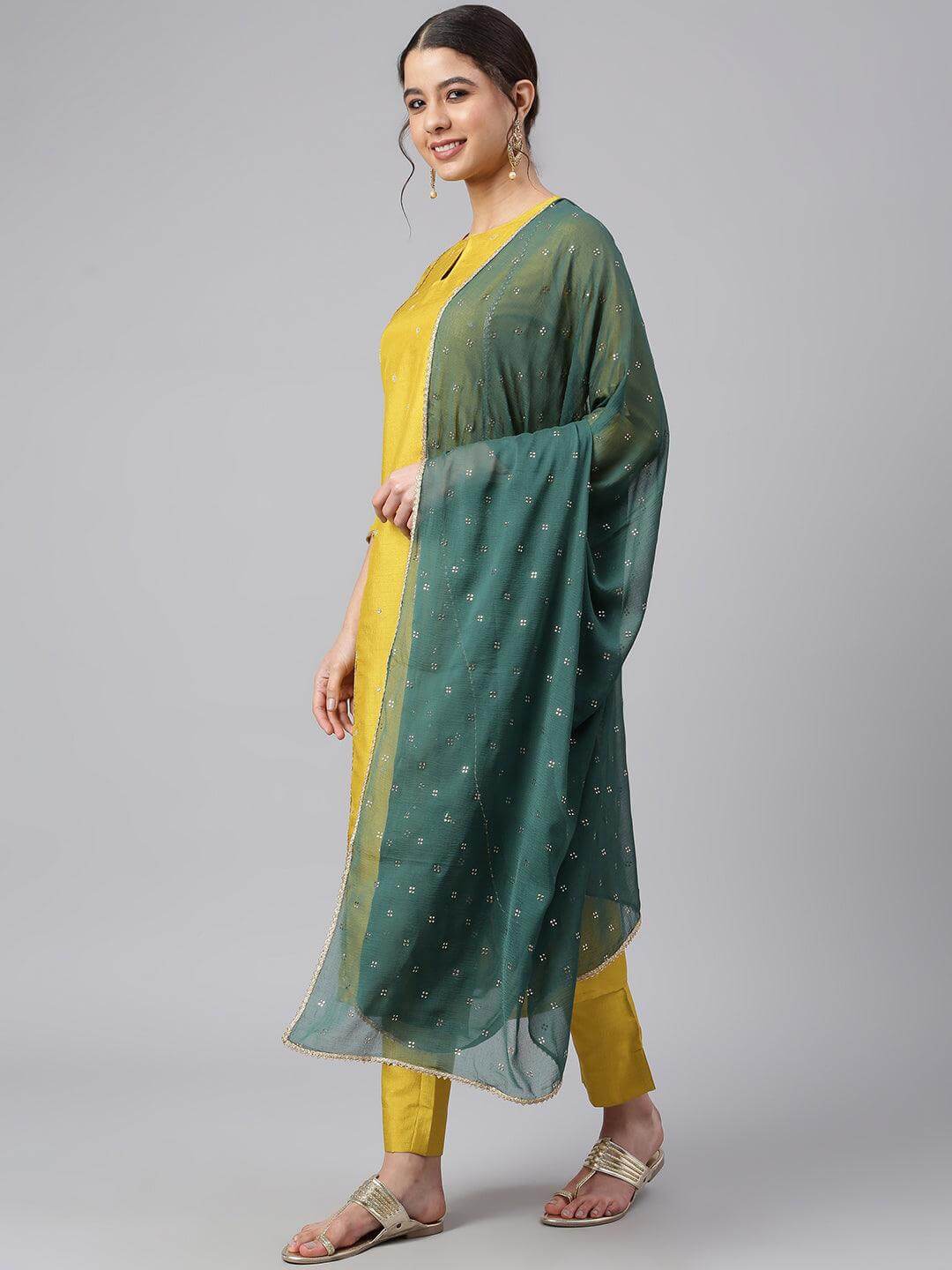 Mustard Poly Silk Embellished Kurta with Pant and Dupatta