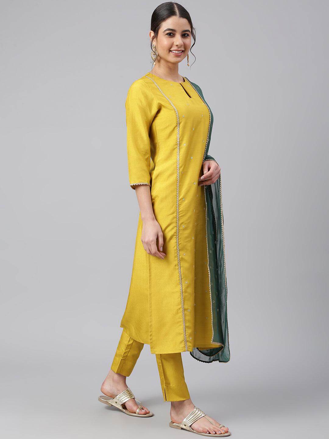 Mustard Poly Silk Embellished Kurta with Pant and Dupatta