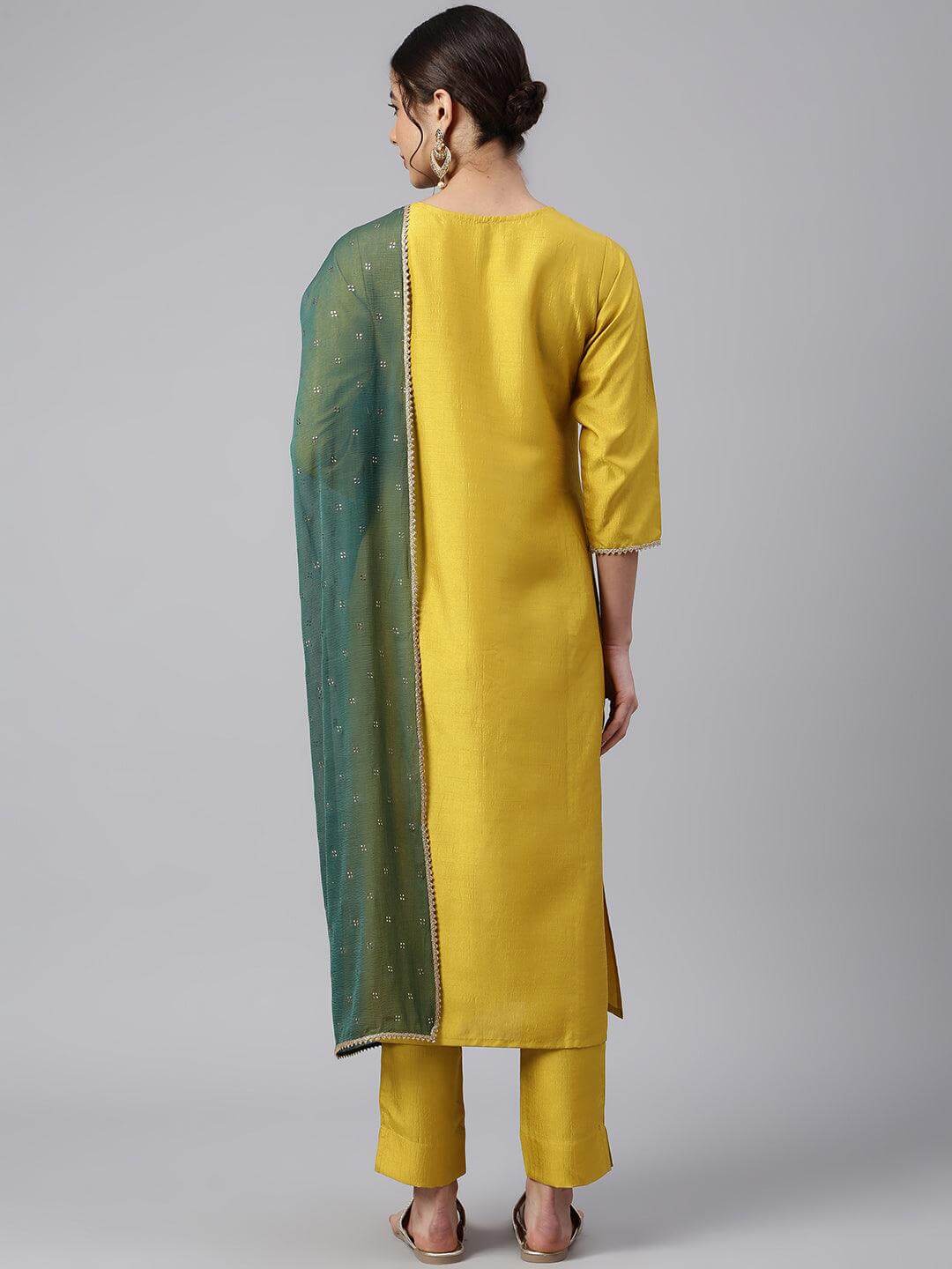 Mustard Poly Silk Embellished Kurta with Pant and Dupatta