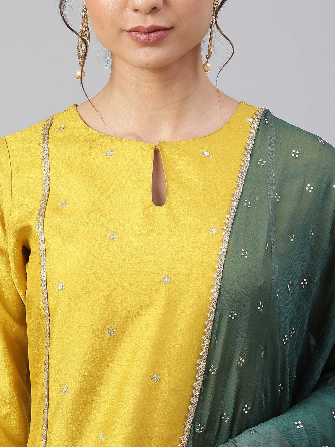 Mustard Poly Silk Embellished Kurta with Pant and Dupatta