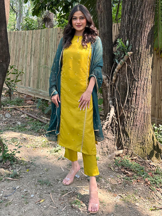 Mustard Poly Silk Embellished Kurta with Pant and Dupatta