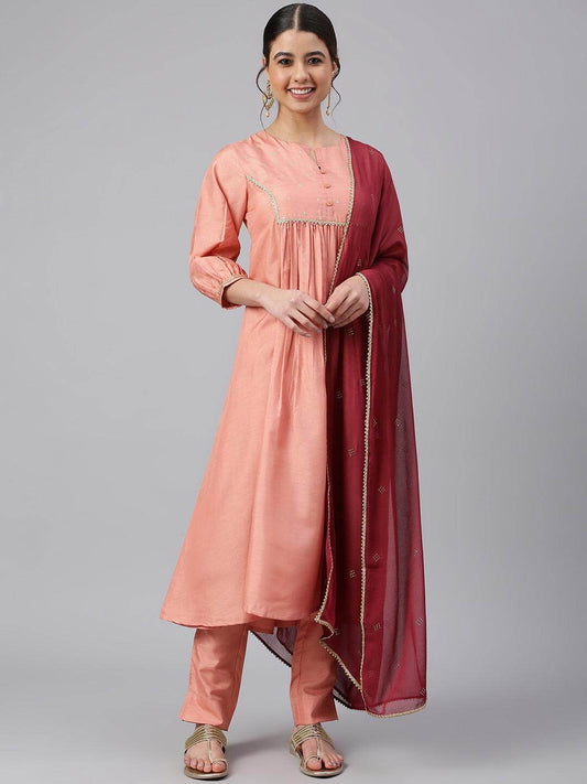 Peach Poly Silk Solid Kurta with Pant and Dupatta