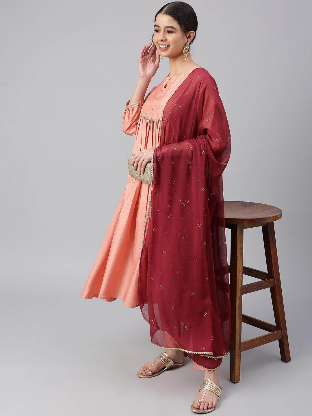 Peach Poly Silk Solid Kurta with Pant and Dupatta
