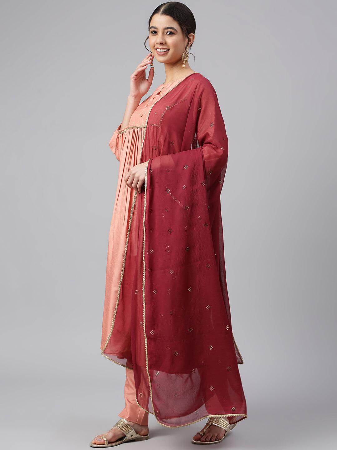 Peach Poly Silk Solid Kurta with Pant and Dupatta
