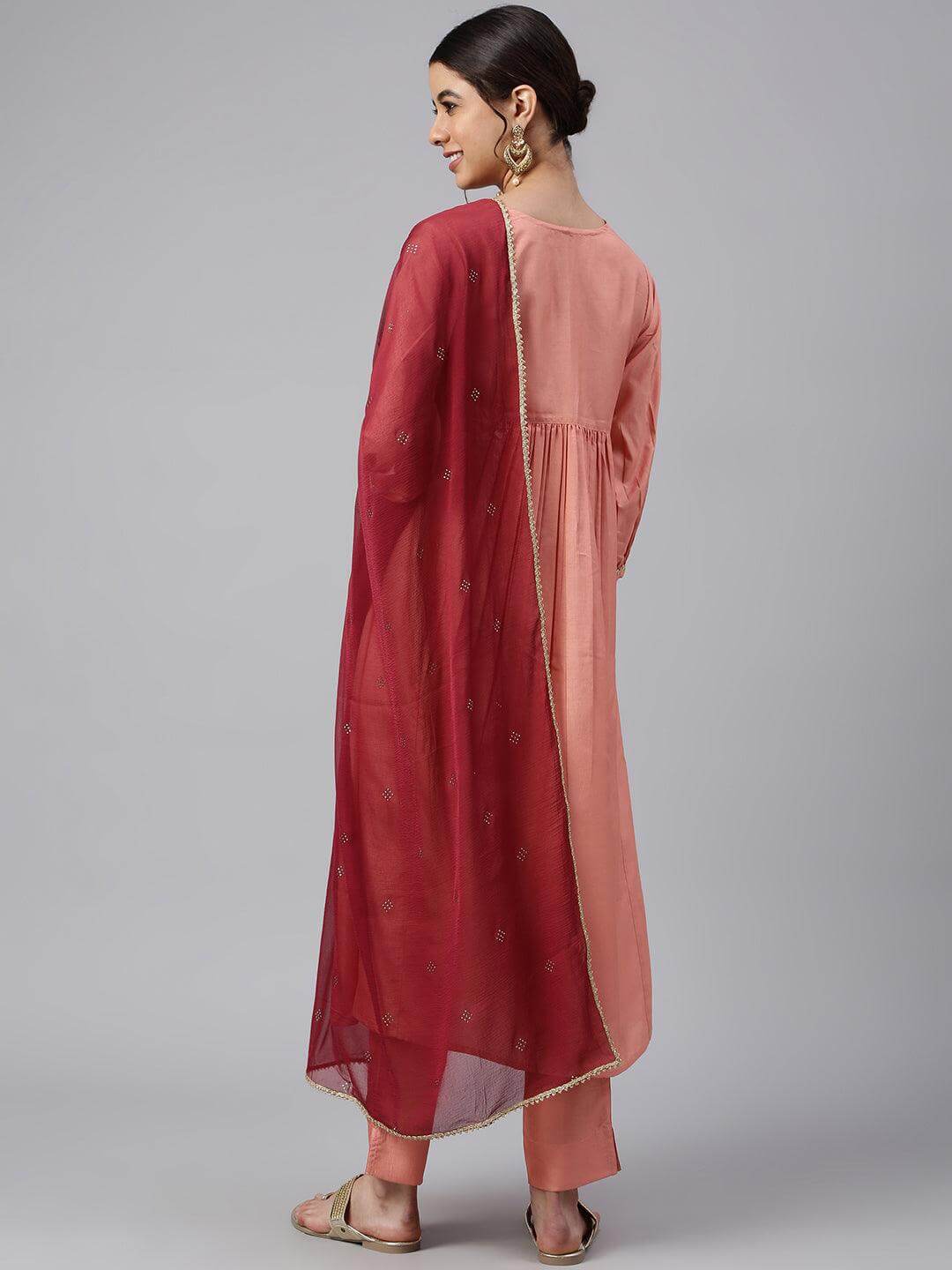 Peach Poly Silk Solid Kurta with Pant and Dupatta