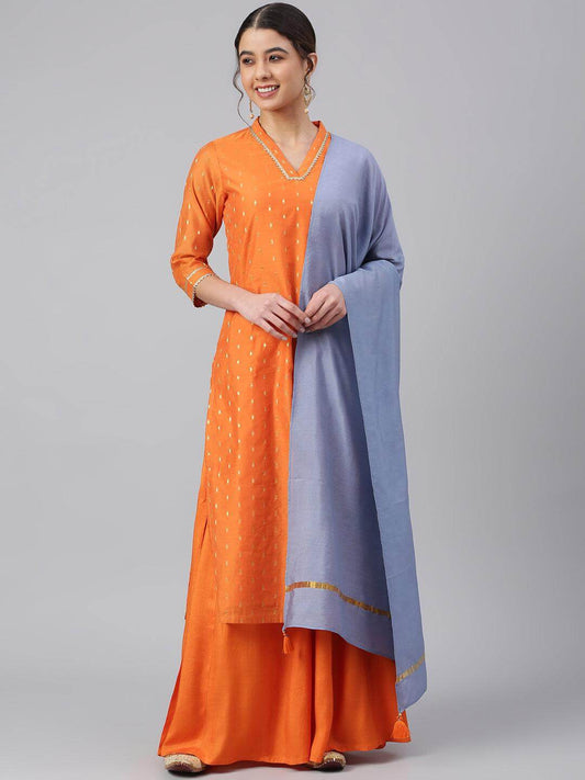 Orange Chanderi Silk Woven Kurta with Palazzo and Dupatta