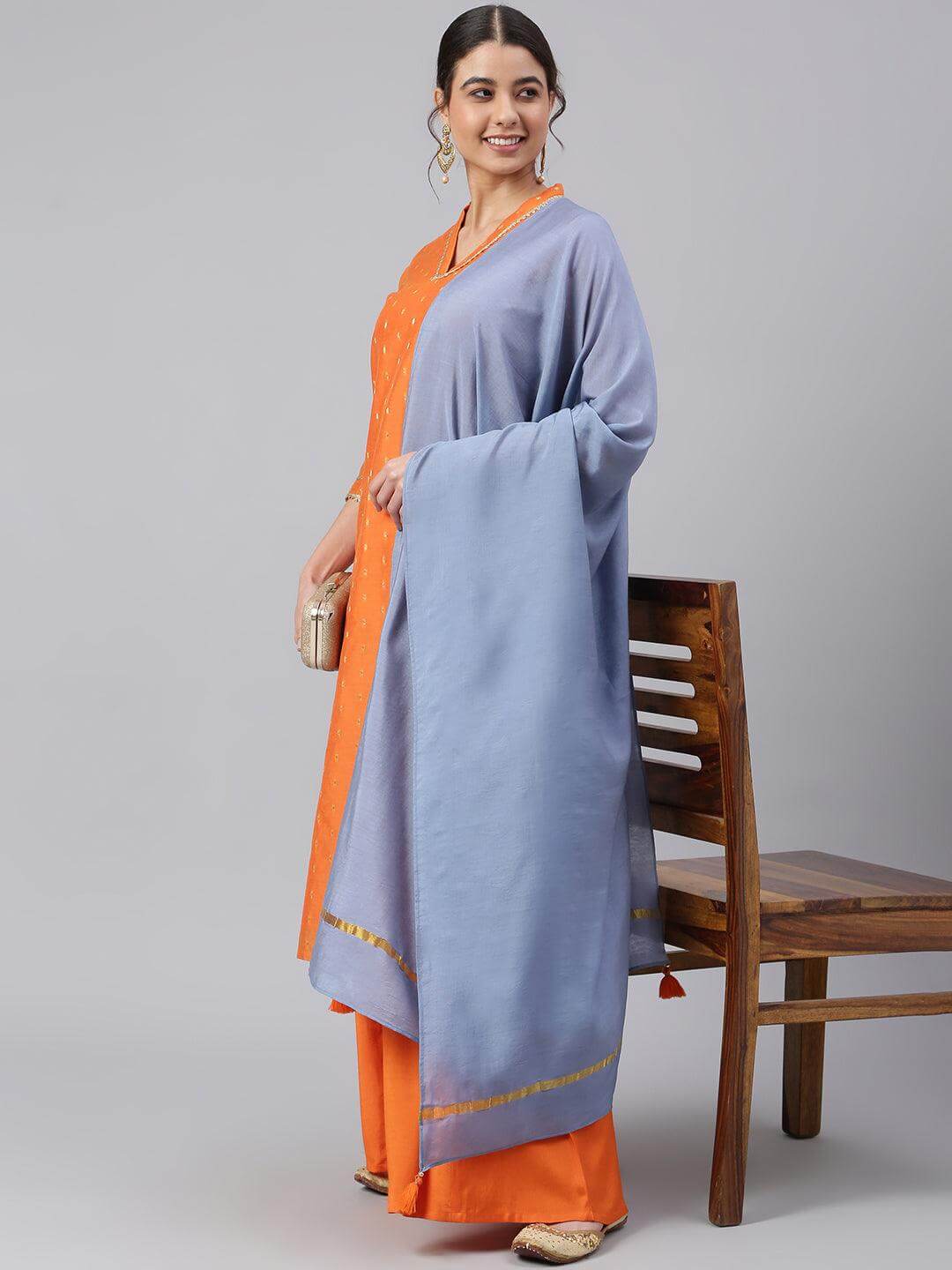 Orange Chanderi Silk Woven Kurta with Palazzo and Dupatta