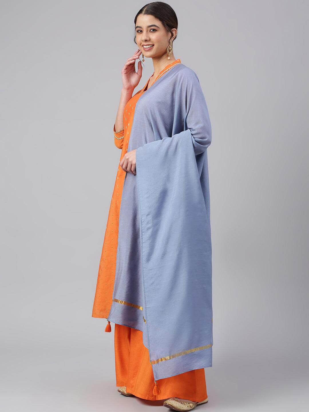 Orange Chanderi Silk Woven Kurta with Palazzo and Dupatta