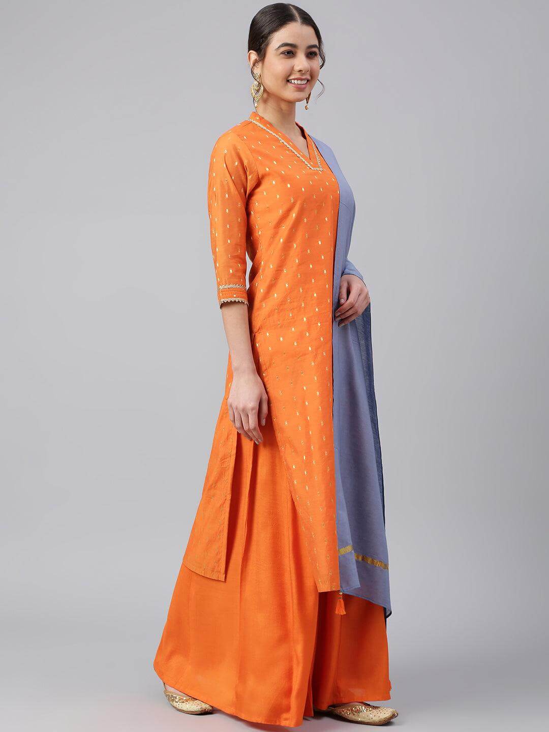 Orange Chanderi Silk Woven Kurta with Palazzo and Dupatta