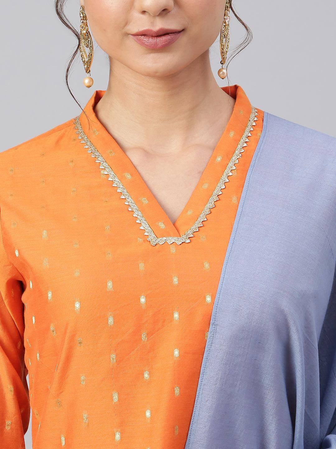 Orange Chanderi Silk Woven Kurta with Palazzo and Dupatta