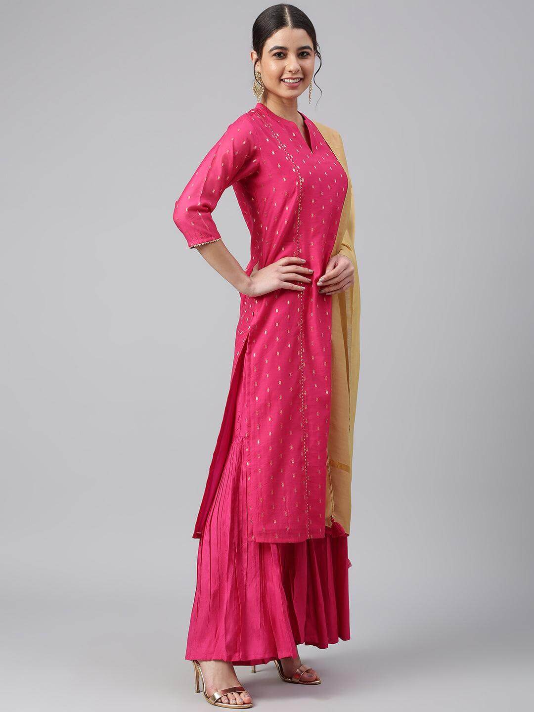 Pink Chanderi Silk Woven Kurta with Sharara and Dupatta