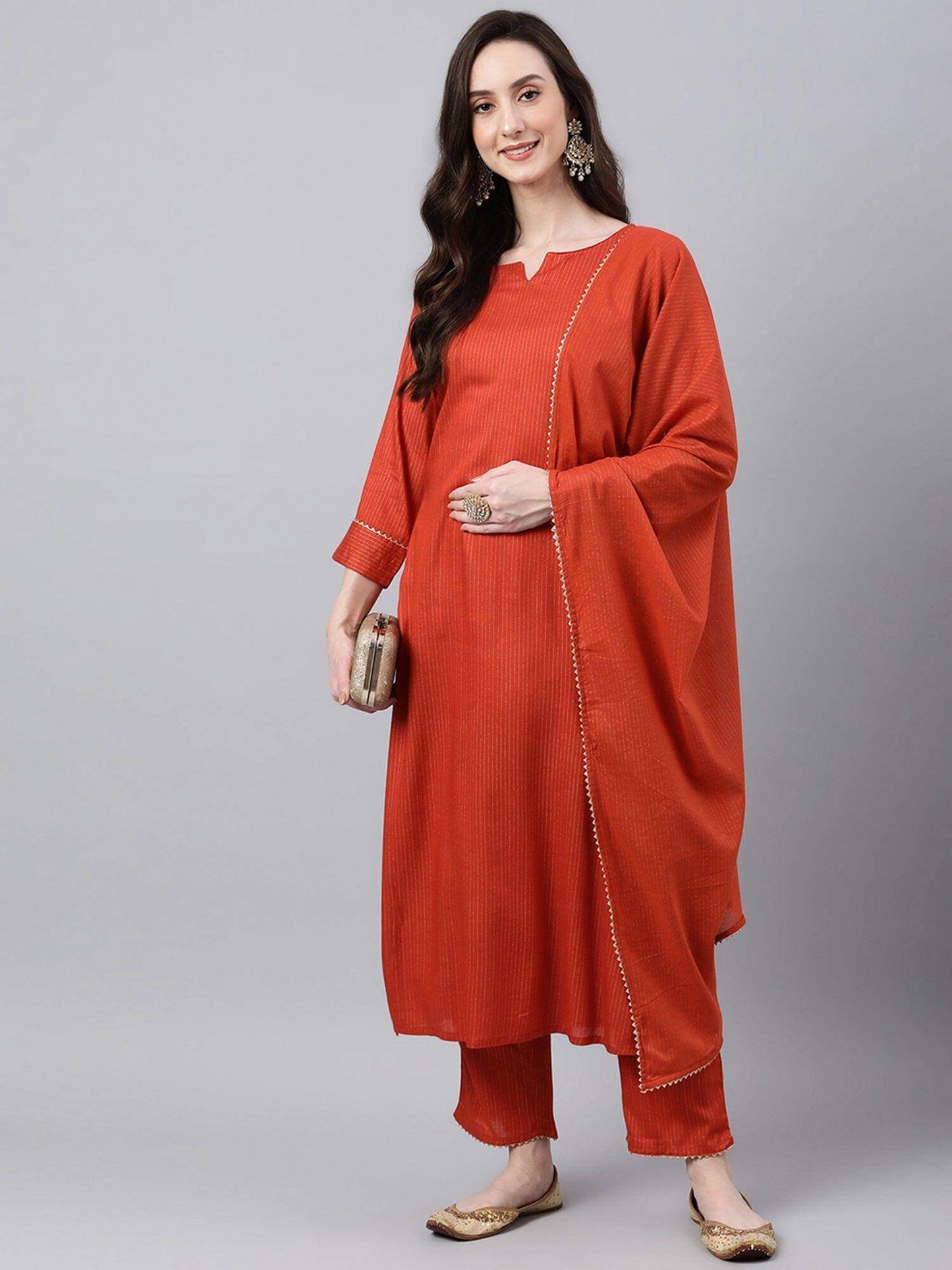 Orange Rayon Striped Kurta with Pant and Dupatta