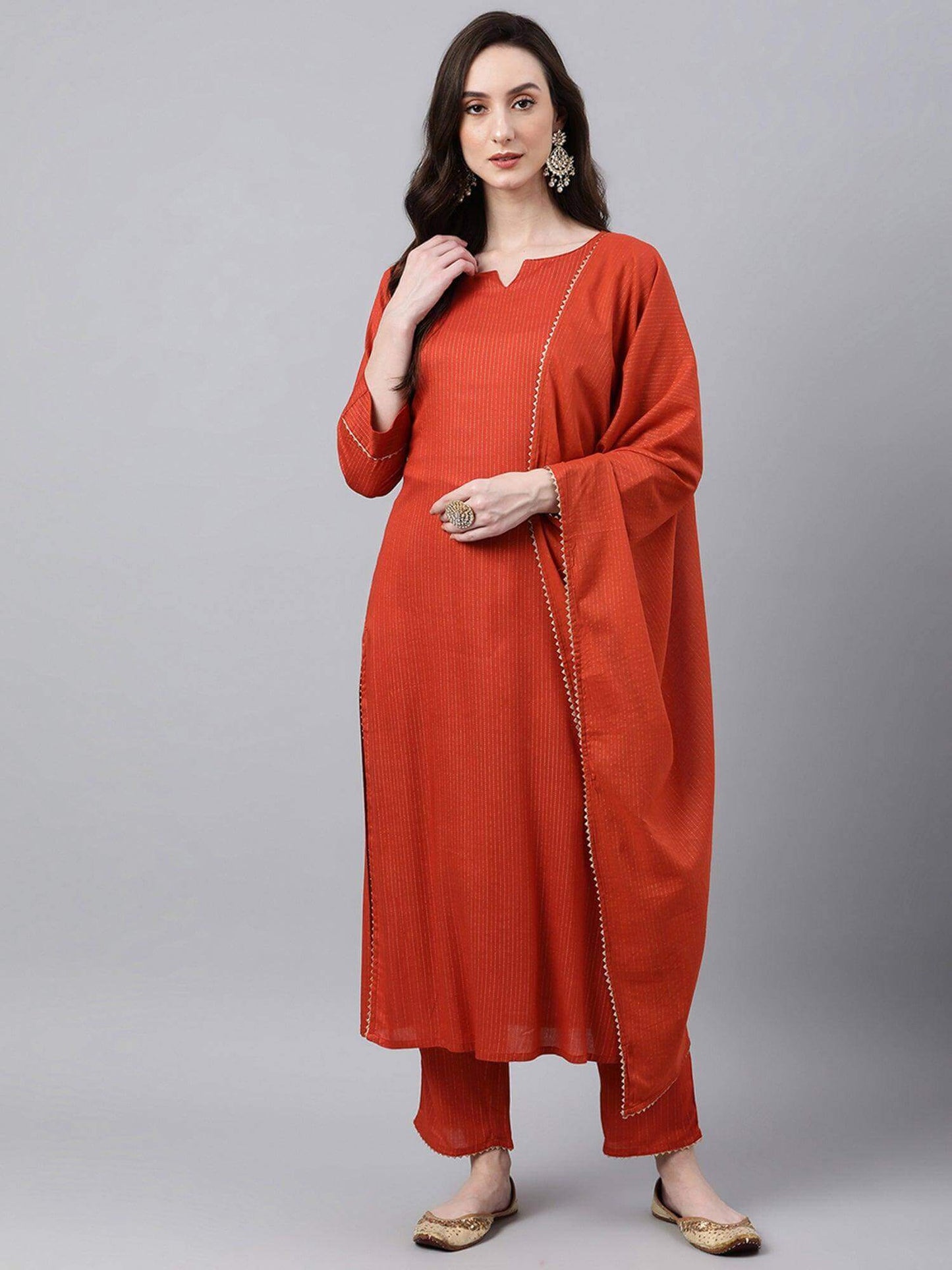 Orange Rayon Striped Kurta with Pant and Dupatta